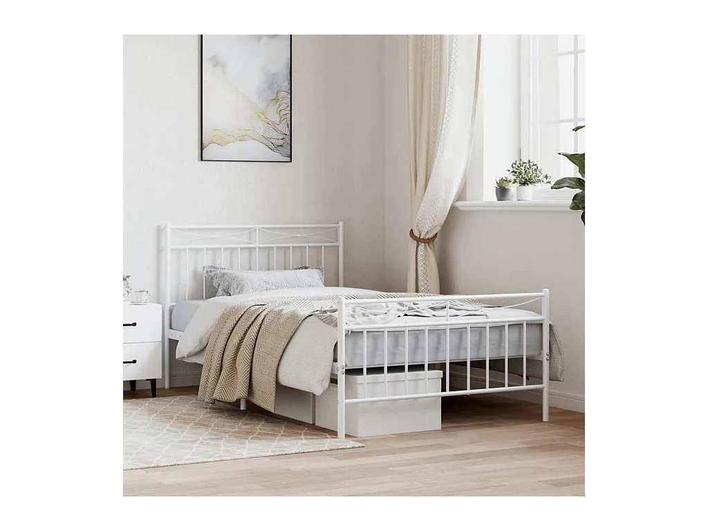 Cadre de lit métal sans matelas et pied de lit blanc 107x203 cm