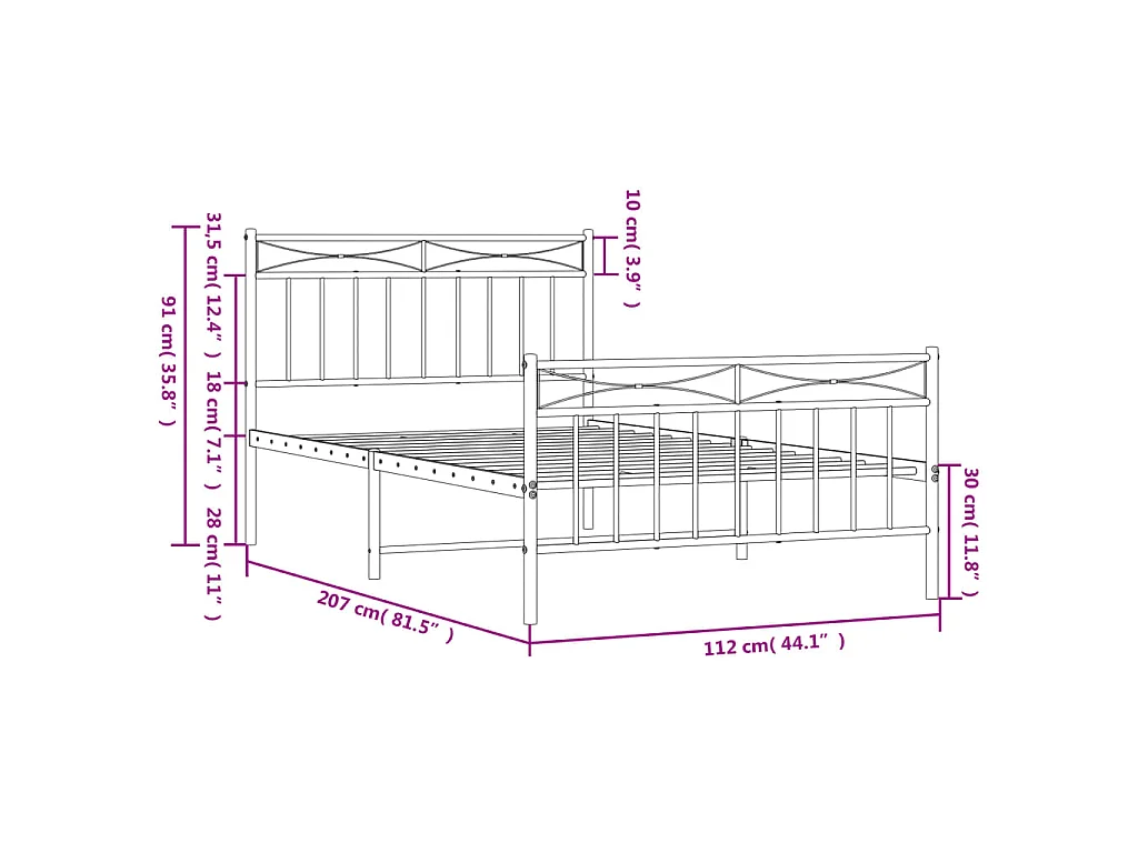 Bettgestell mit Kopf- und Fußteil Metall Weiß 107x203 cm
