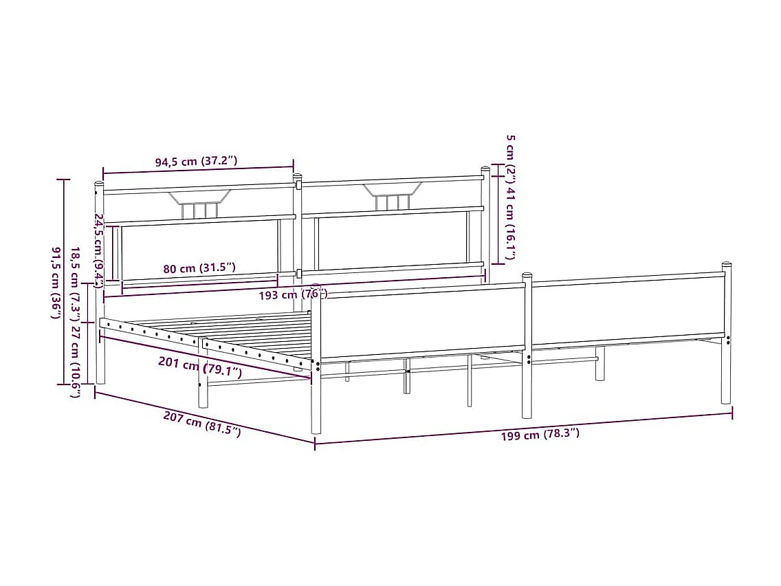 Metallbett ohne Matratze Sonoma-Eiche 193x201 cm