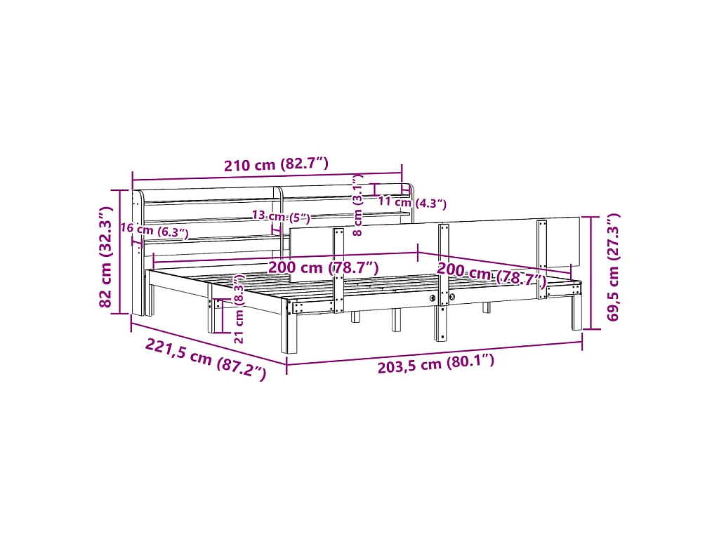 Bedframe met hoofdbord massief grenenhout 200x200 cm