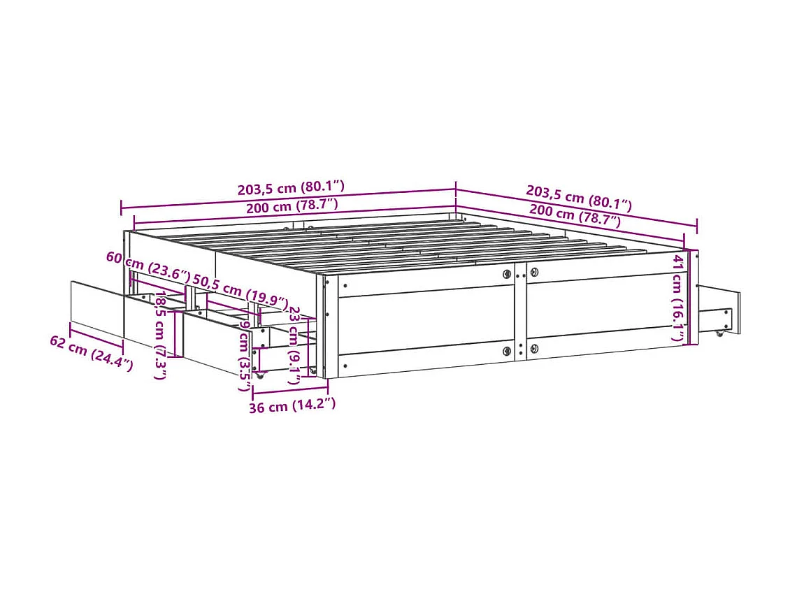 Cadre de lit sans matelas avec tiroirs 200x200 cm bois de pin