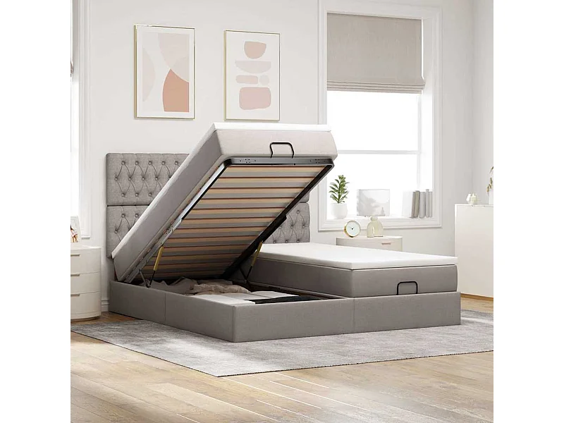 Struttura Letto Pouf con Materassi Tortora 200x200 cm Tessuto