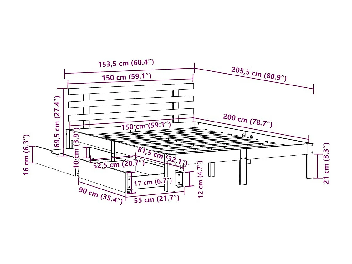 Cadre de lit avec tiroirs sans matelas 150x200 cm
