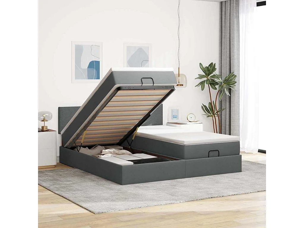 Cadre de lit ottoman avec matelas gris foncé 200x200cm tissu