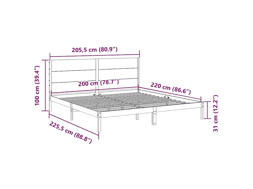 Cadre de lit extra long sans matelas 200x220 cm bois massif