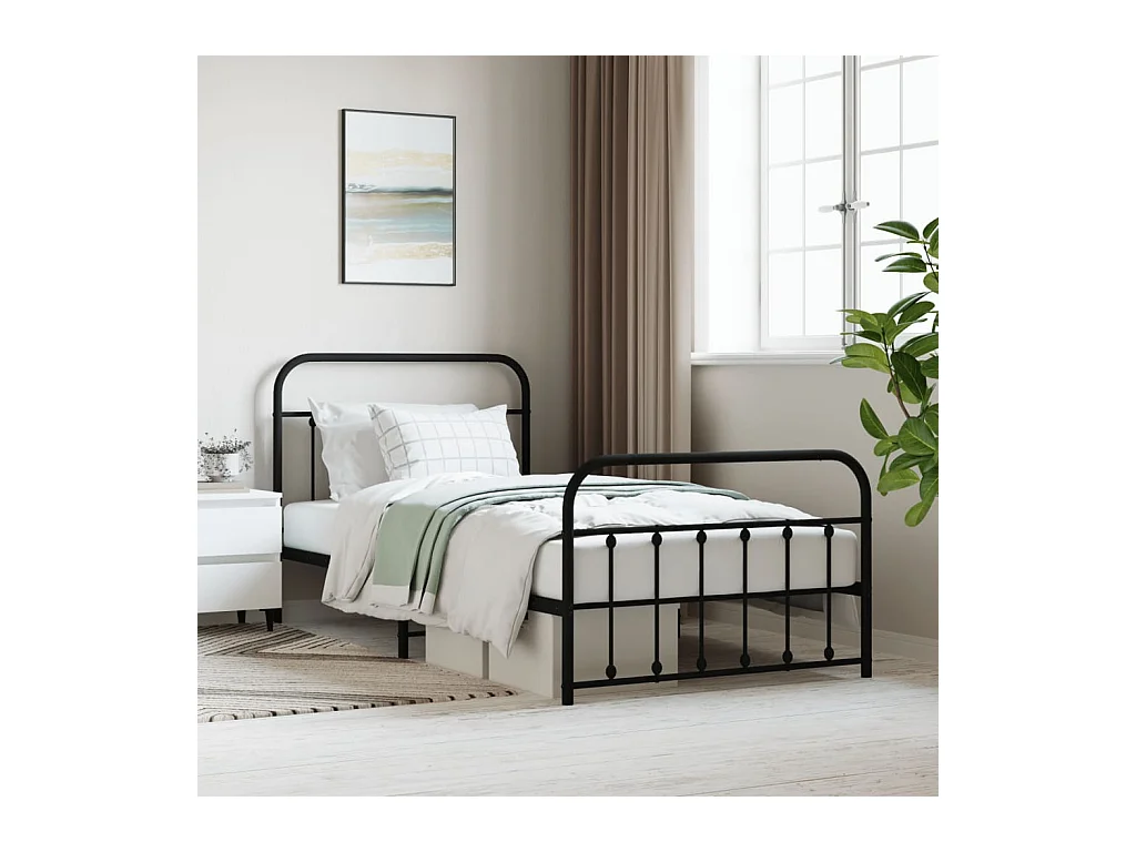 Cadre de lit métal sans matelas avec pied de lit noir 107x203cm