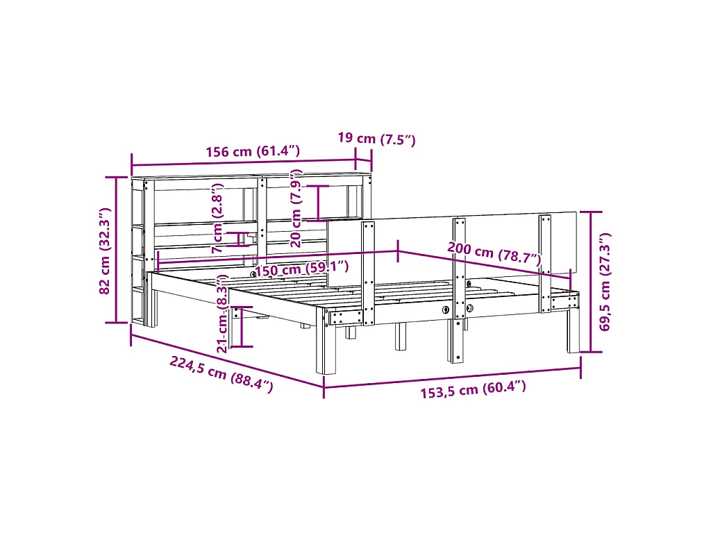 Bedframe met hoofdbord massief grenenhout wit 150x200 cm