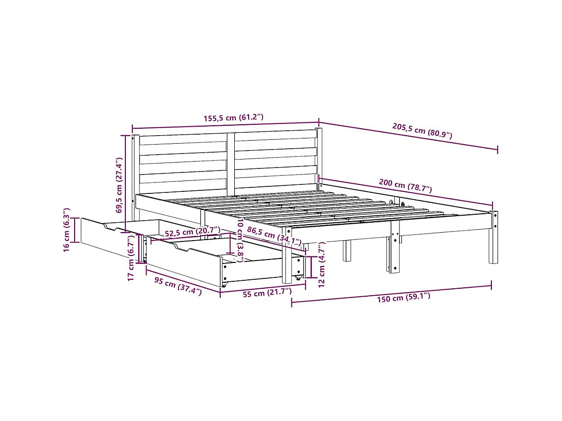 Estructura de cama sin colchón madera de pino blanca 150x200 cm
