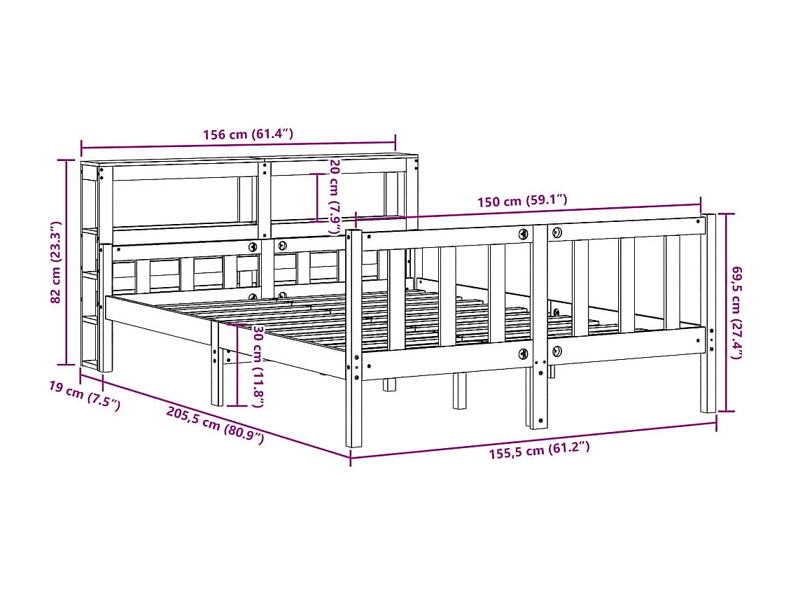 Bedframe met hoofdbord massief grenenhout wasbruin 150x200 cm