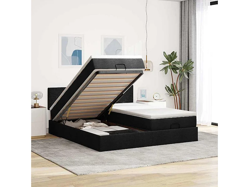 Estructura de cama otomana con colchones tela negra 200x200cm