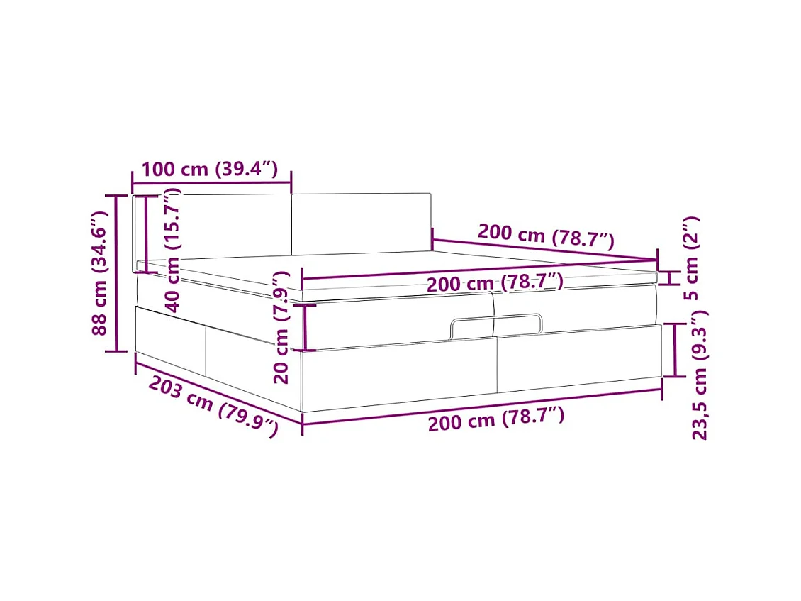 Cadre de lit ottoman avec matelas noir 200x200cm tissu