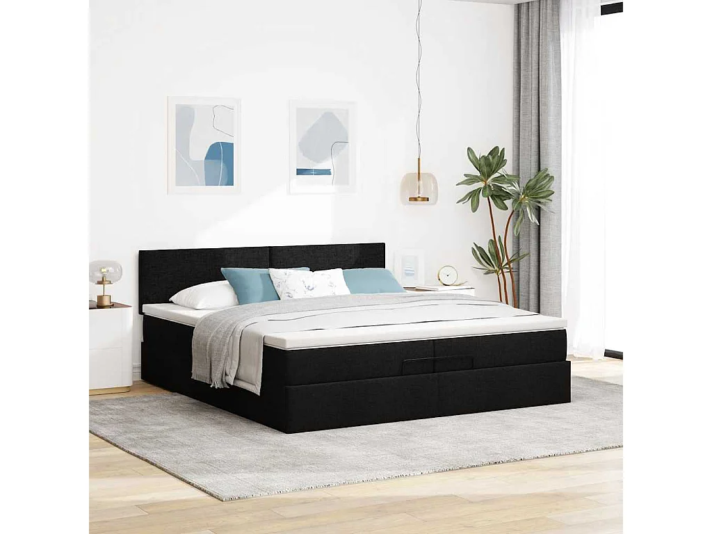 Struttura Letto Pouf con Materassi Nero 200x200 cm in Tessuto