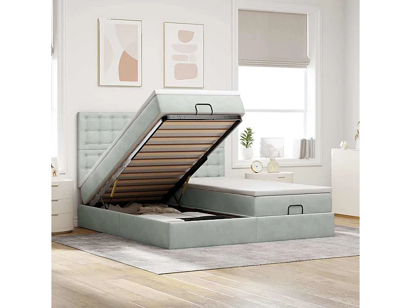 Cadre de lit ottoman avec matelas gris clair 200x200 cm velours