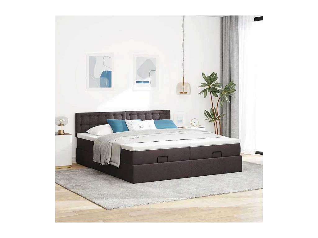 Cadre de lit ottoman avec matelas marron foncé 200x200 cm tissu