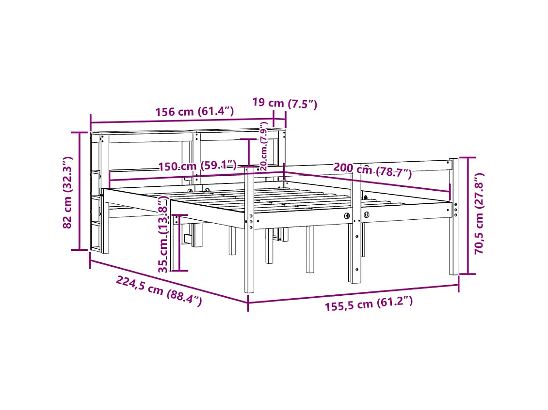 Cama personas mayores y cabecero madera pino blanco 150x200 cm