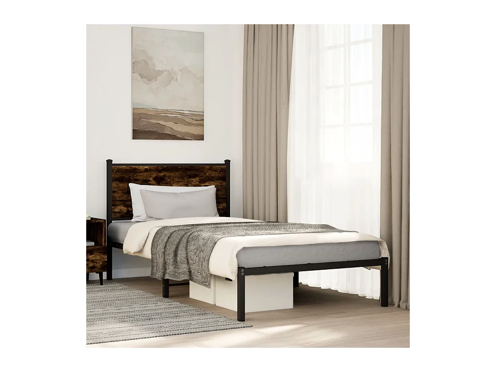 Cadre de lit en métal sans matelas chêne fumé 107x203 cm