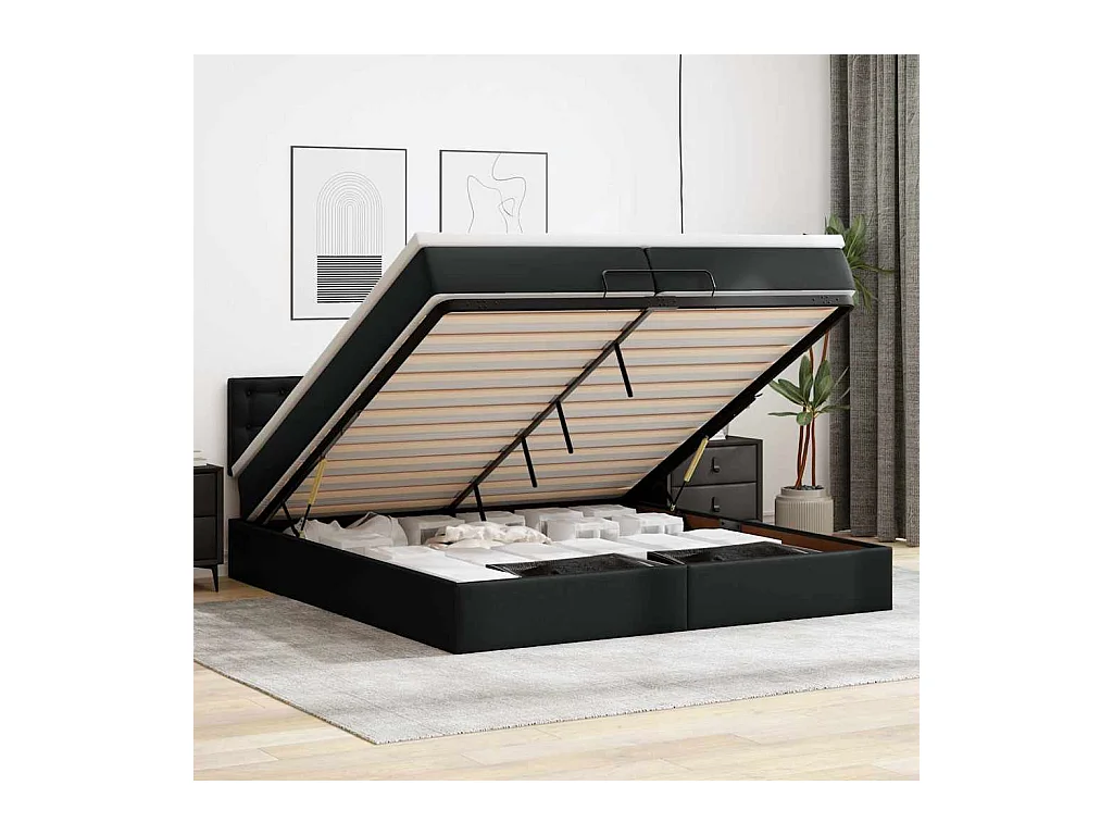Struttura Letto Pouf con Materassi Nero 200x200 cm Similpelle