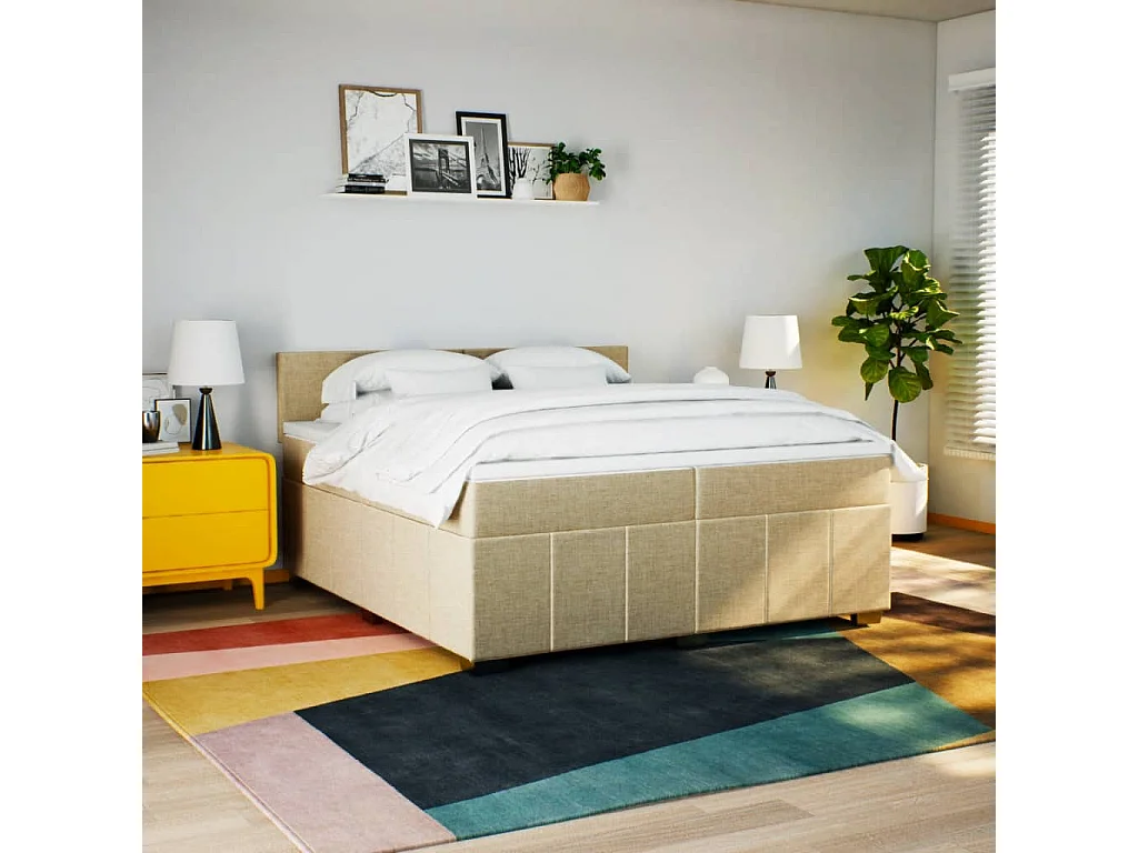 Cama box spring con colchón tela color crema 200x200 cm