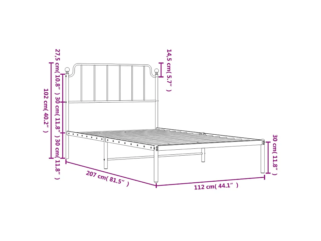 Cadre de lit métal sans matelas et tête de lit blanc 107x203 cm