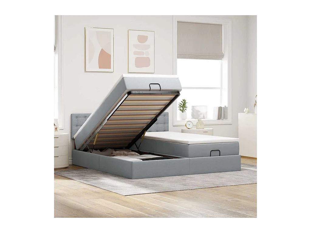 Cadre de lit ottoman et matelas gris clair 200x200cm tissu