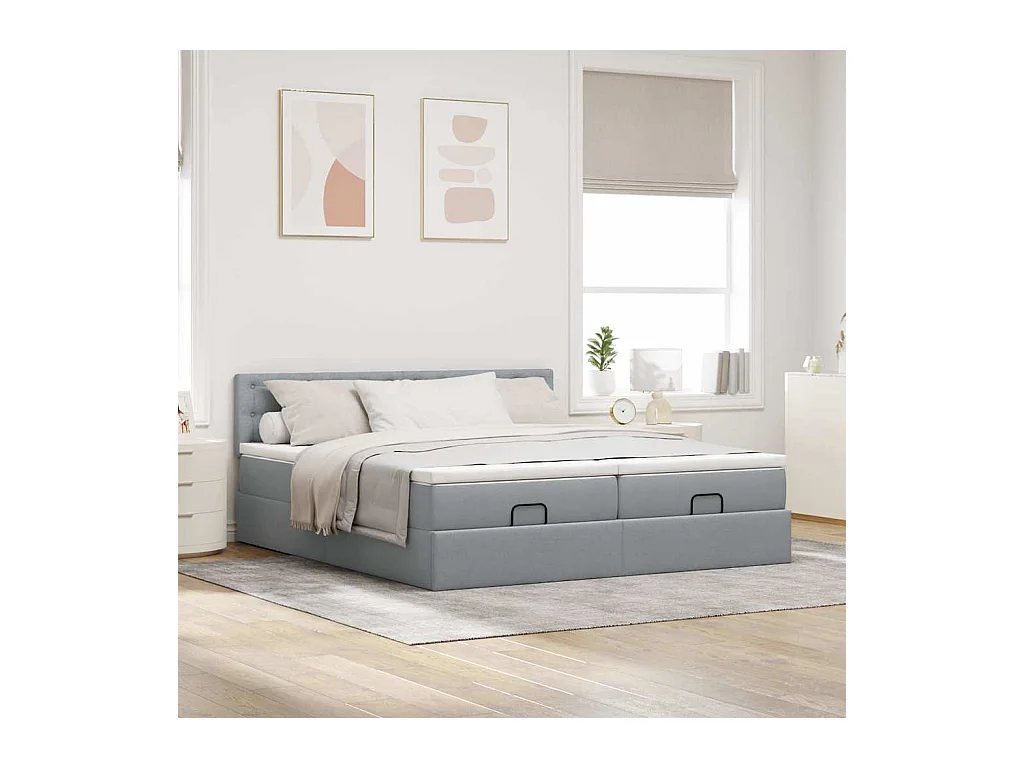 Cadre de lit ottoman et matelas gris clair 200x200cm tissu