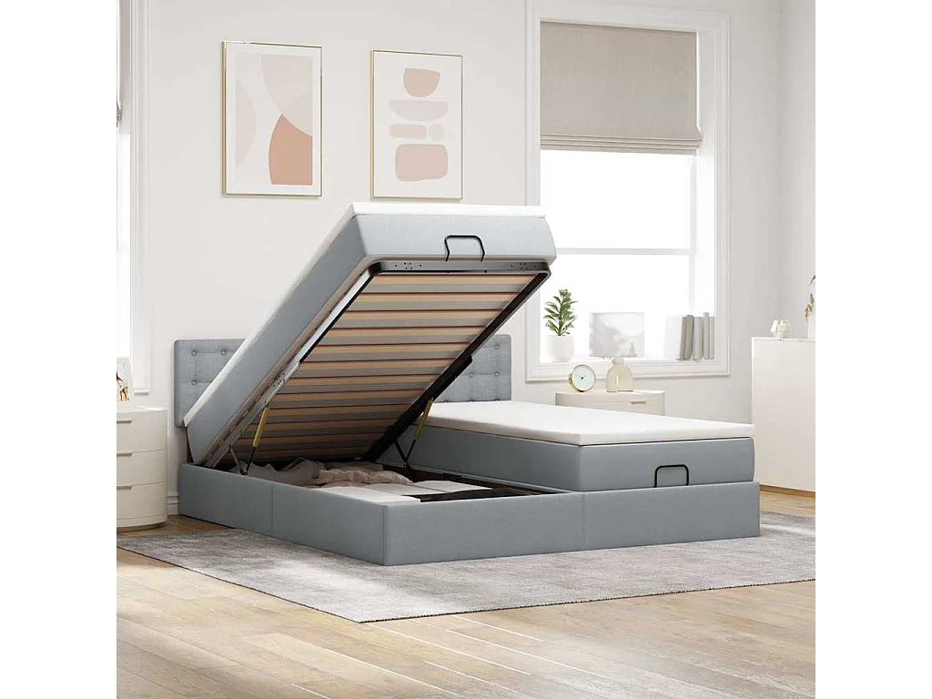 Cadre de lit ottoman et matelas gris clair 200x200cm tissu