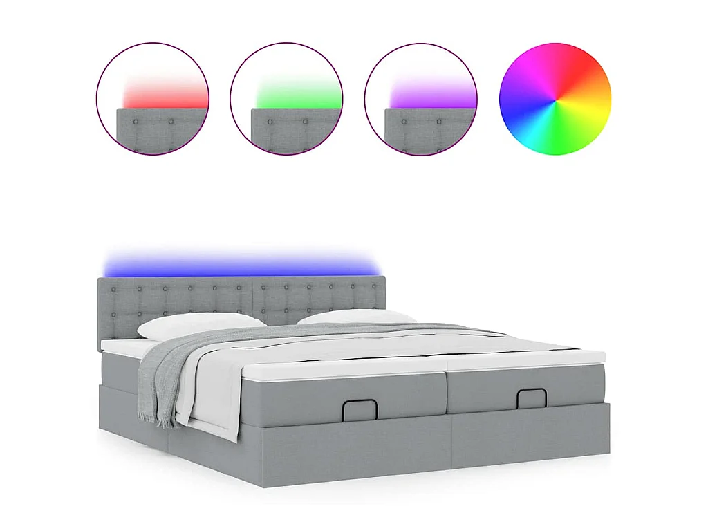 Ottoman bed met matrassen en LED's 200x200cm stof lichtgrijs