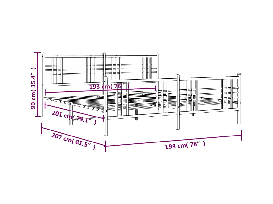 Cadre de lit métal sans matelas et pied de lit blanc 193x203 cm