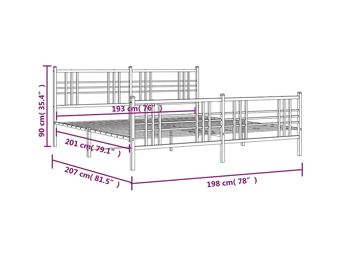 Cadre de lit métal sans matelas et pied de lit blanc 193x203 cm