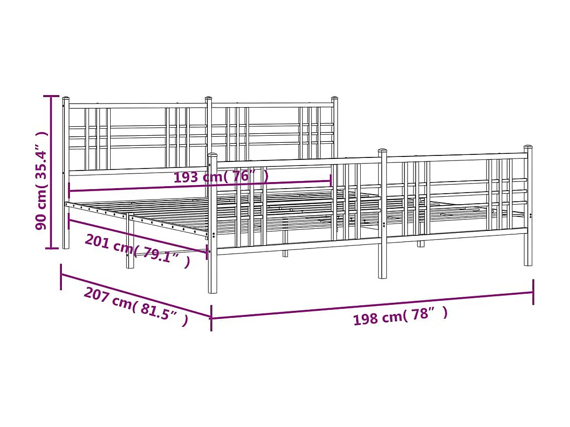 Cadre de lit métal sans matelas et pied de lit blanc 193x203 cm