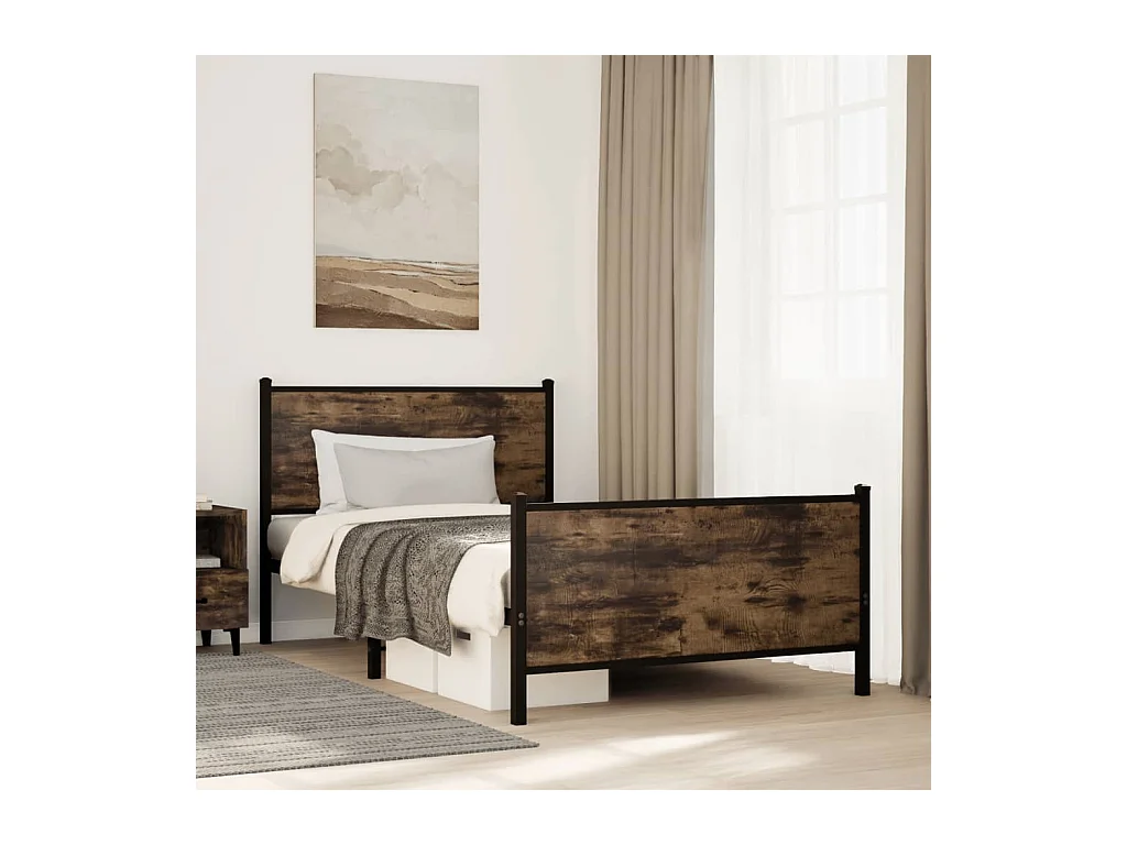 Cadre de lit en métal sans matelas chêne fumé 107x203 cm