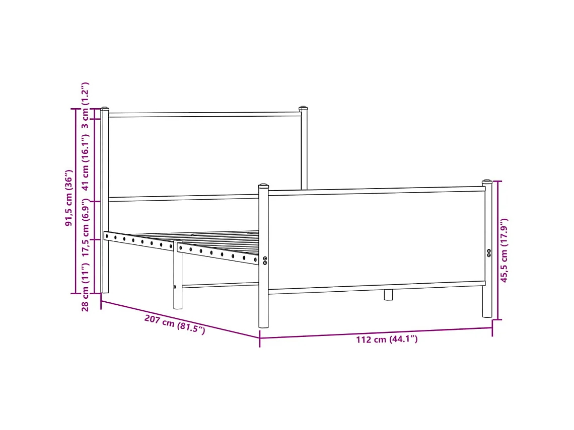 Cadre de lit en métal sans matelas chêne fumé 107x203 cm