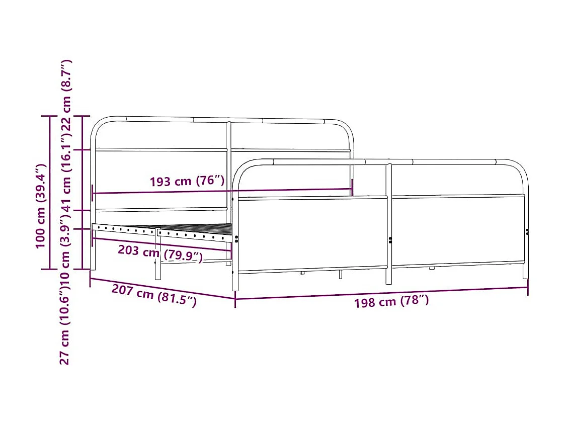 Metallbett ohne Matratze Räuchereiche 193x203 cm