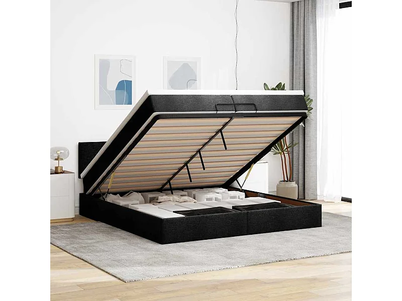 Struttura Letto Pouf con Materasso Nero 200x200 cm in Tessuto