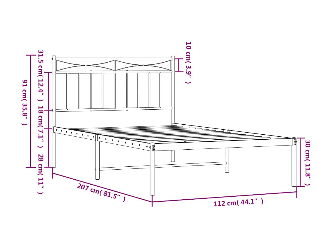 Cadre de lit métal sans matelas et tête de lit blanc 107x203 cm