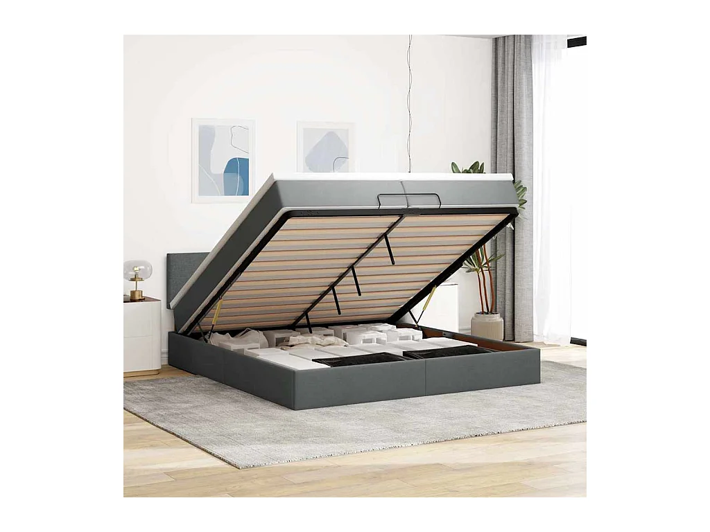 Cadre de lit ottoman avec matelas gris foncé 200x200 cm tissu