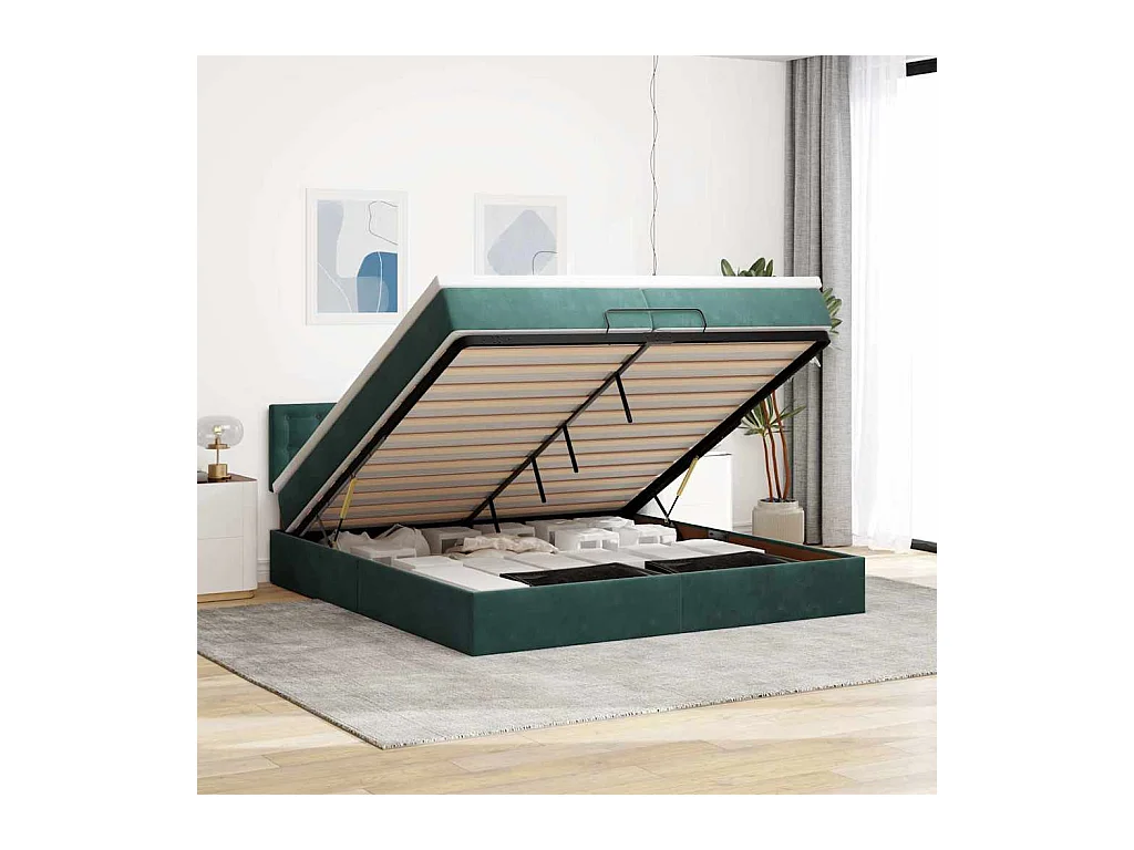 Cadre de lit ottoman avec matelas vert foncé 200x200 cm velours