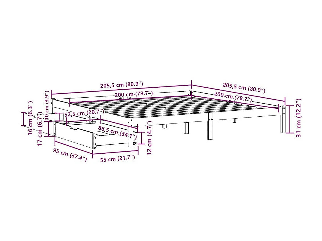 Bedframe zonder matras massief grenenhout wit 200x200 cm