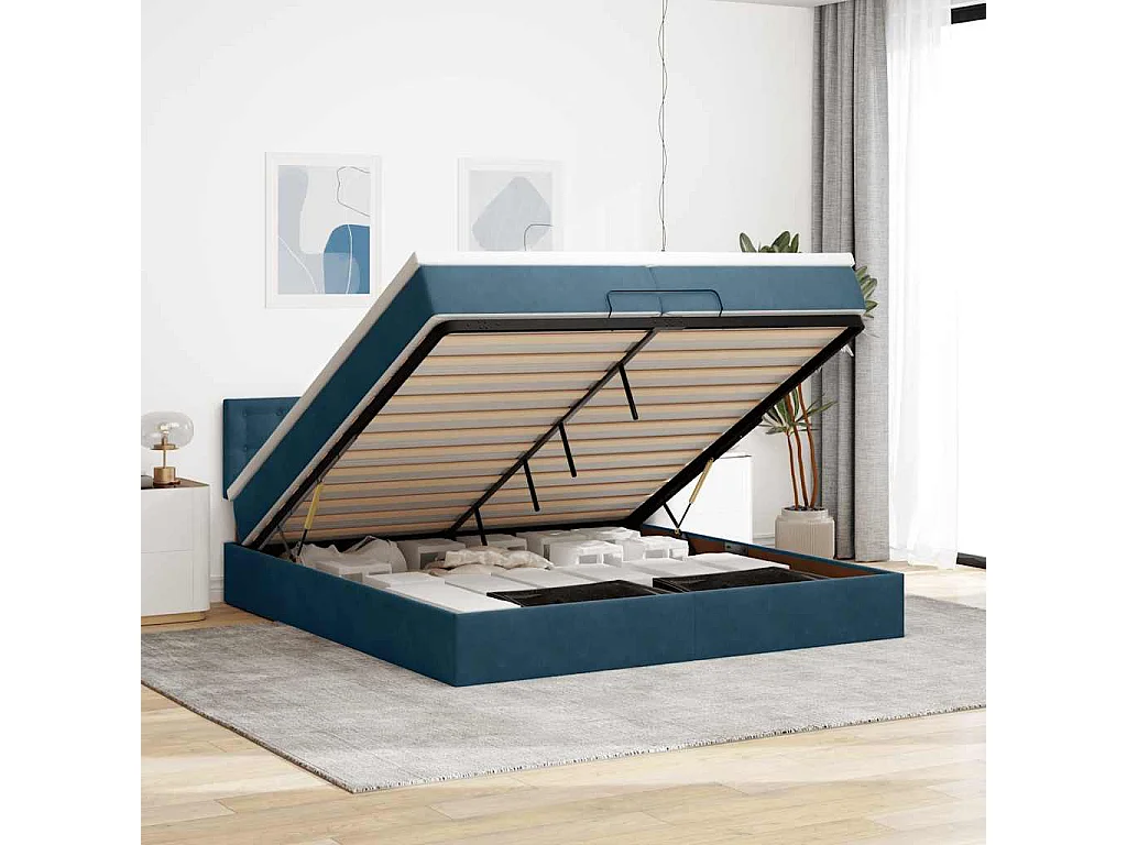 Cadre de lit ottoman avec matelas bleu foncé 200x200 cm velours