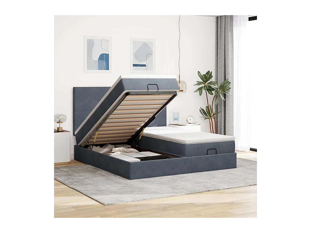 moldura de cama otomana  com colchão cinza escuro veludo