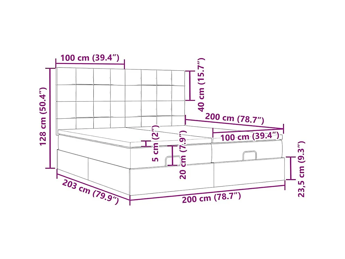 Cadre de lit ottoman avec matelas noir 200x200cm velours