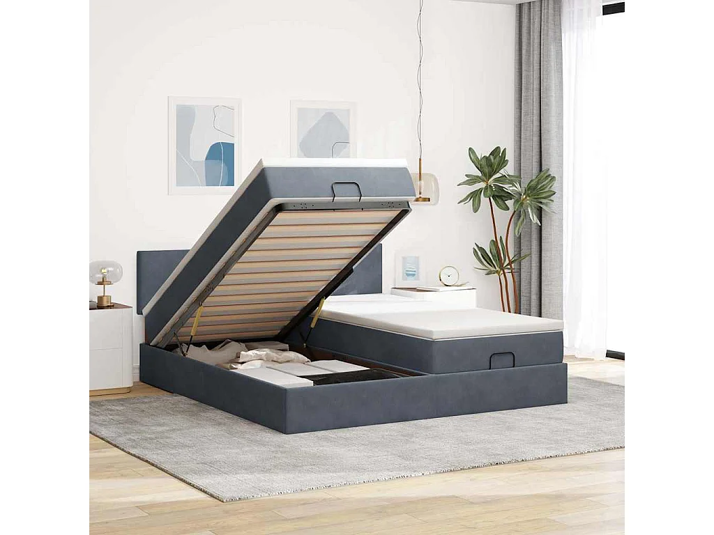 Cadre de lit ottoman avec matelas gris foncé 200x200 cm velours