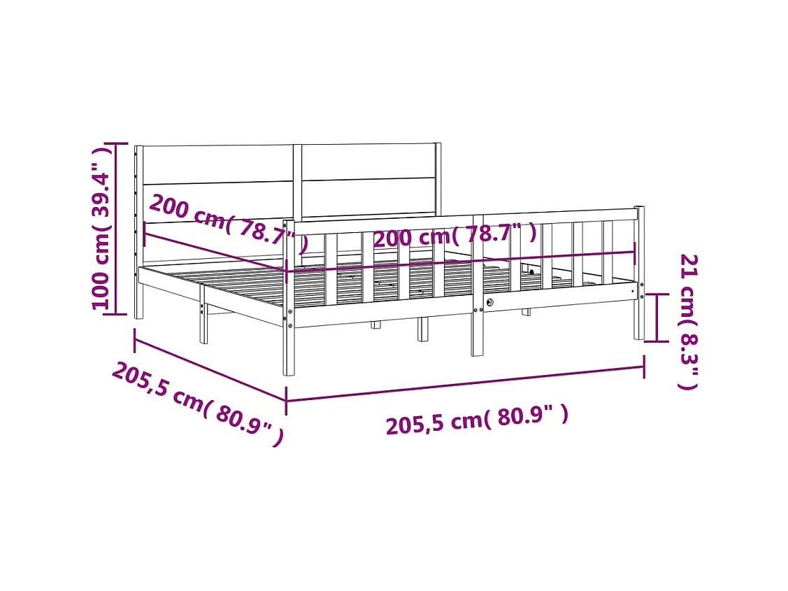 Cadre de lit sans matelas noir 200x200 cm bois massif de pin