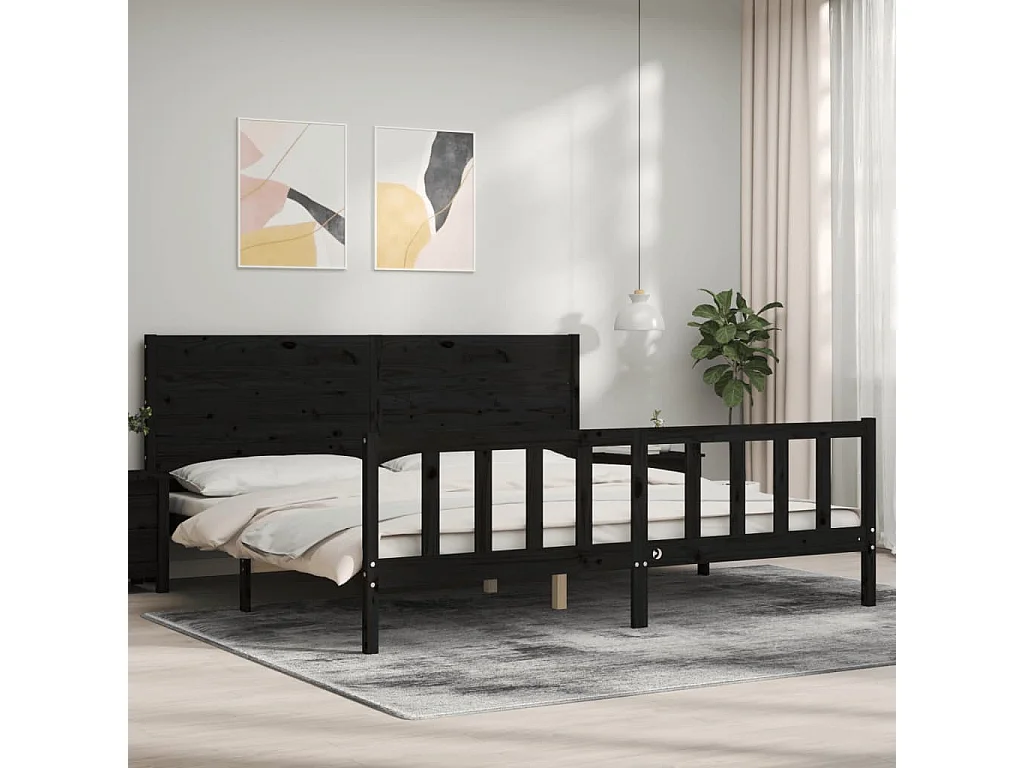 Bedframe met hoofdbord massief hout zwart 200x200 cm