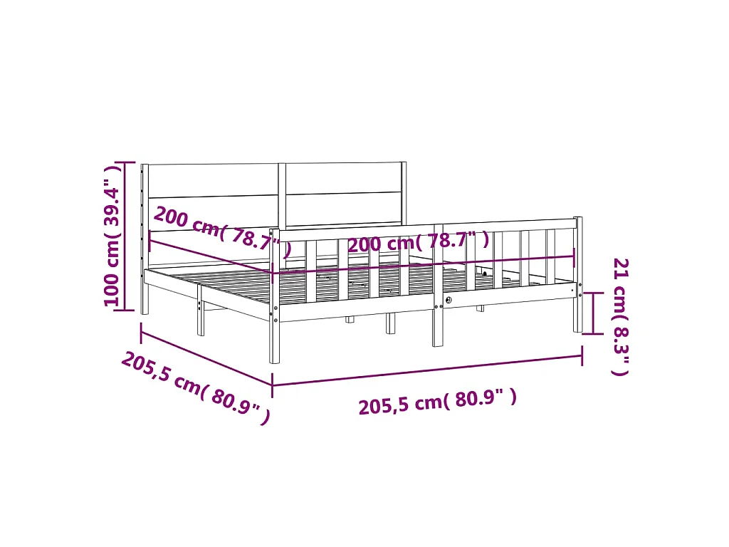 Bedframe met hoofdbord massief hout zwart 200x200 cm