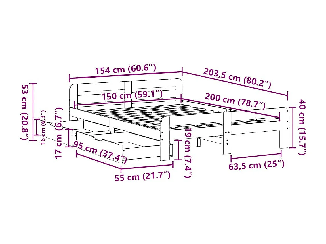 Cama sin colchón madera maciza pino marrón cera 150x200 cm