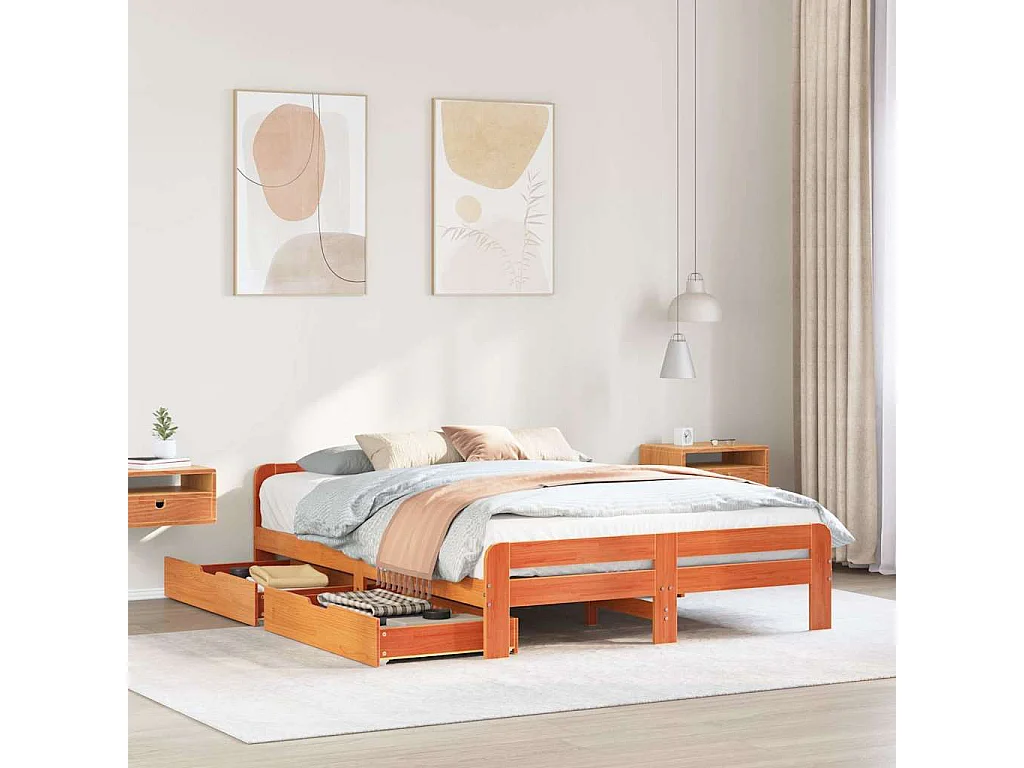 Cama sem colchão 150x200 cm madeira pinho maciça castanho-mel
