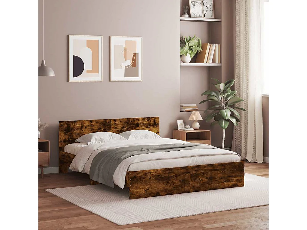 Bettgestell mit Kopfteil LED-Beleuchtung Räuchereiche 150x200cm