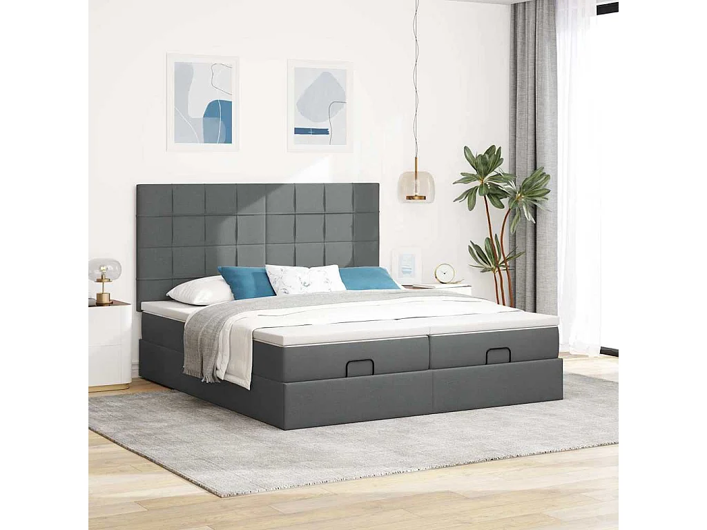 Cadre de lit ottoman avec matelas gris foncé 200x200cm tissu