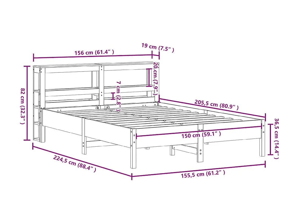 Cama sem colchão 150x200 cm madeira pinho maciça castanho-mel